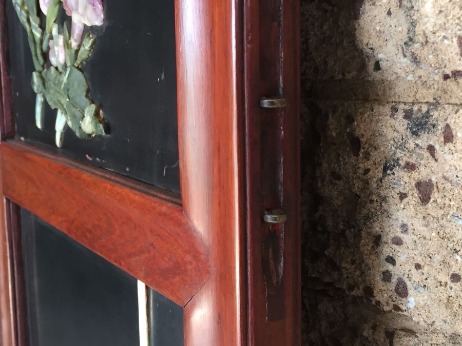 Stunning 6 Panel Chinese Rosewood Screens With Hand Carved Stone Jade Coral Relief Images Of Wildlife Birds Plants [Photo 16]