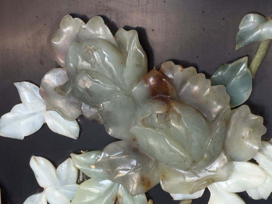 Stunning 6 Panel Chinese Rosewood Screens With Hand Carved Stone Jade Coral Relief Images Of Wildlife Birds Plants [Photo 9]