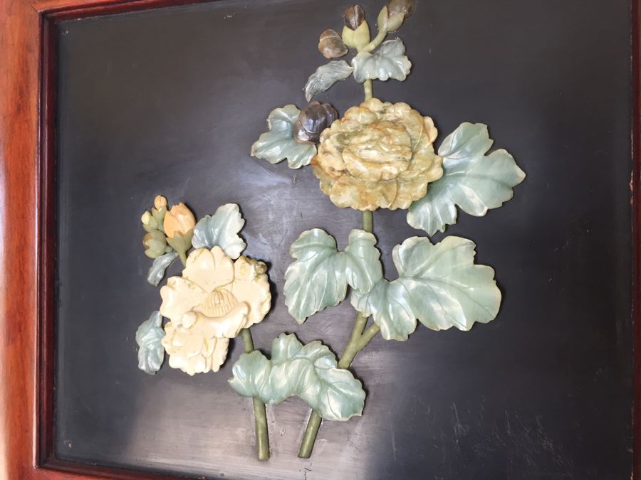 Stunning 6 Panel Chinese Rosewood Screens With Hand Carved Stone Jade Coral Relief Images Of Wildlife Birds Plants [Photo 20]