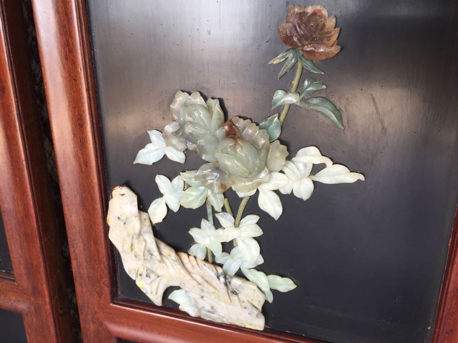 Stunning 6 Panel Chinese Rosewood Screens With Hand Carved Stone Jade Coral Relief Images Of Wildlife Birds Plants [Photo 7]