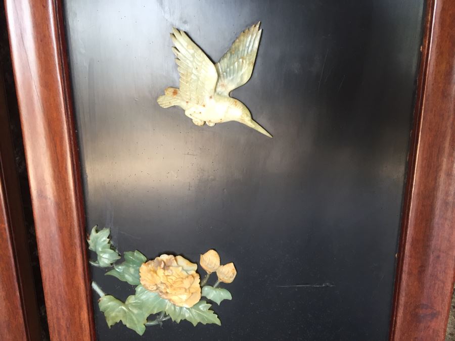 Stunning 6 Panel Chinese Rosewood Screens With Hand Carved Stone Jade Coral Relief Images Of Wildlife Birds Plants [Photo 22]