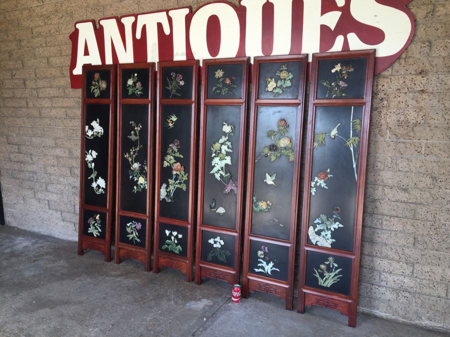 Stunning 6 Panel Chinese Rosewood Screens With Hand Carved Stone Jade Coral Relief Images Of Wildlife Birds Plants [Photo 4]