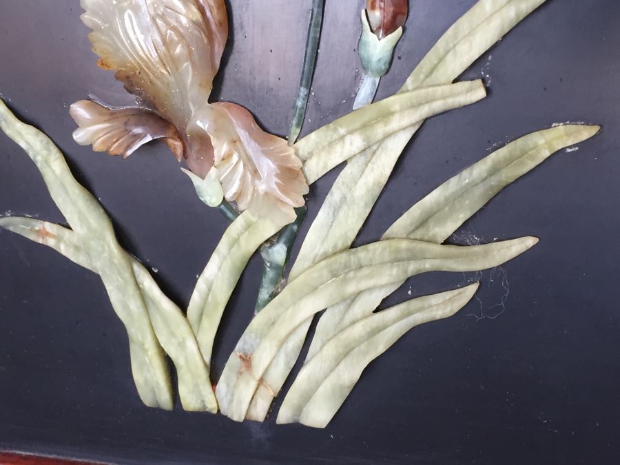 Stunning 6 Panel Chinese Rosewood Screens With Hand Carved Stone Jade Coral Relief Images Of Wildlife Birds Plants [Photo 15]