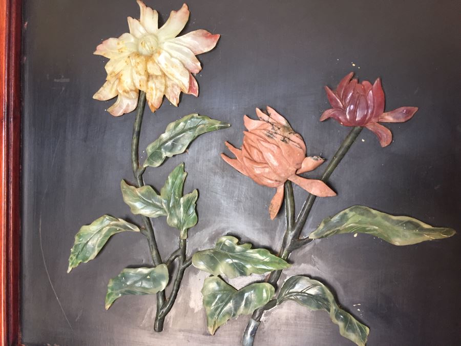 Stunning 6 Panel Chinese Rosewood Screens With Hand Carved Stone Jade Coral Relief Images Of Wildlife Birds Plants [Photo 32]