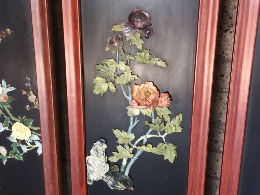 Stunning 6 Panel Chinese Rosewood Screens With Hand Carved Stone Jade Coral Relief Images Of Wildlife Birds Plants [Photo 3]