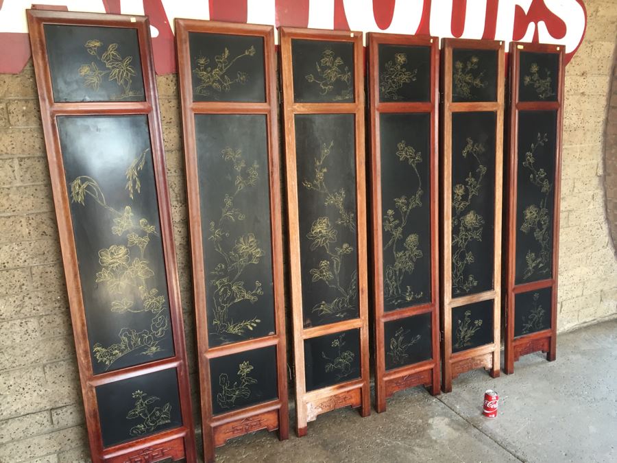 Stunning 6 Panel Chinese Rosewood Screens With Hand Carved Stone Jade Coral Relief Images Of Wildlife Birds Plants [Photo 2]