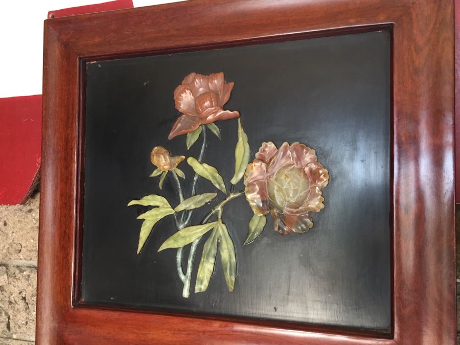 Stunning 6 Panel Chinese Rosewood Screens With Hand Carved Stone Jade Coral Relief Images Of Wildlife Birds Plants [Photo 48]