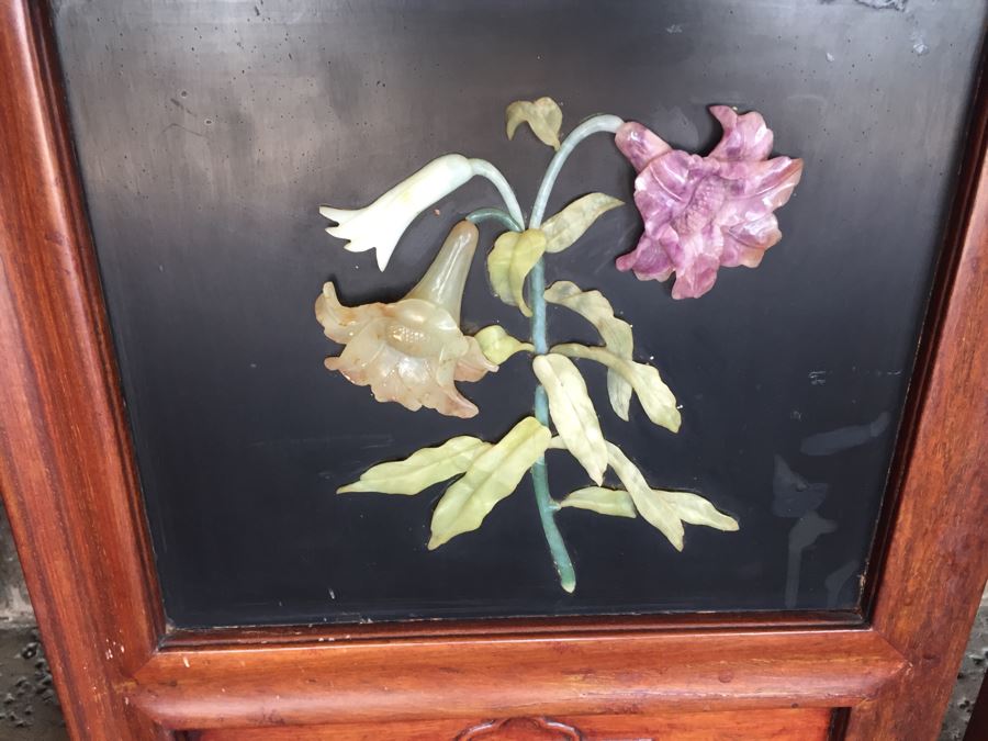 Stunning 6 Panel Chinese Rosewood Screens With Hand Carved Stone Jade Coral Relief Images Of Wildlife Birds Plants [Photo 41]