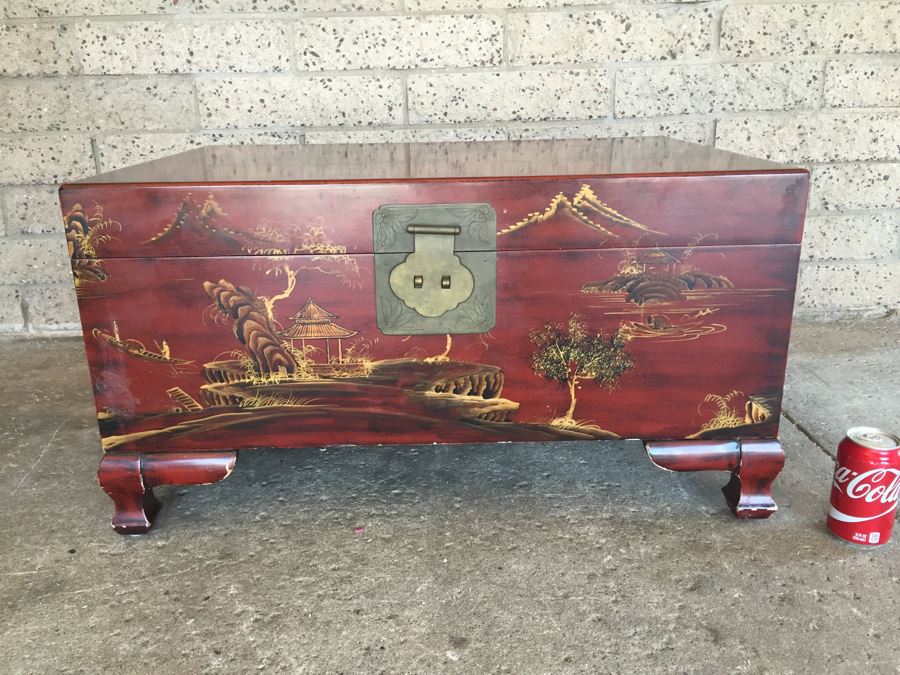 Nice Contemporary Chinese Red Painted Trunk Great For Coffee Table