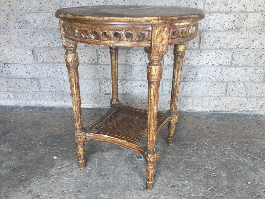 Gilt Wood Round Table With Lower Cane Shelf