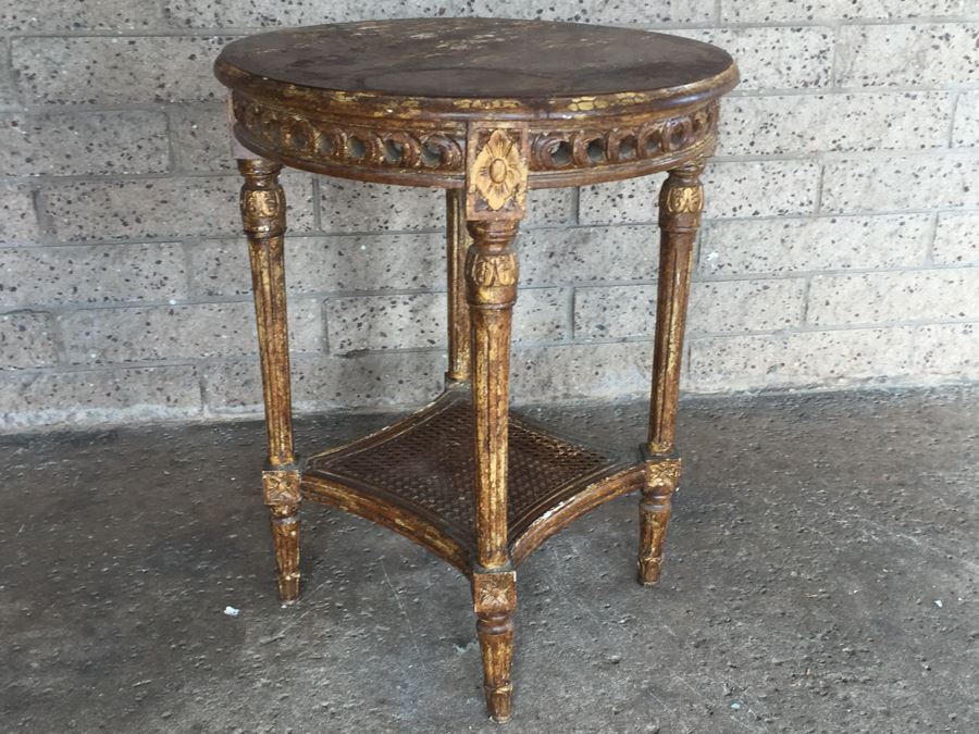Gilt Wood Round Table With Lower Cane Shelf [Photo 2]