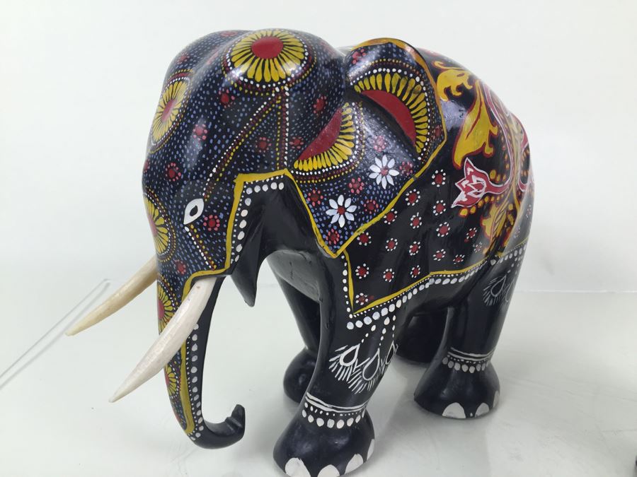 Pair Of HEAVY Carved And Painted Elephants [Photo 2]