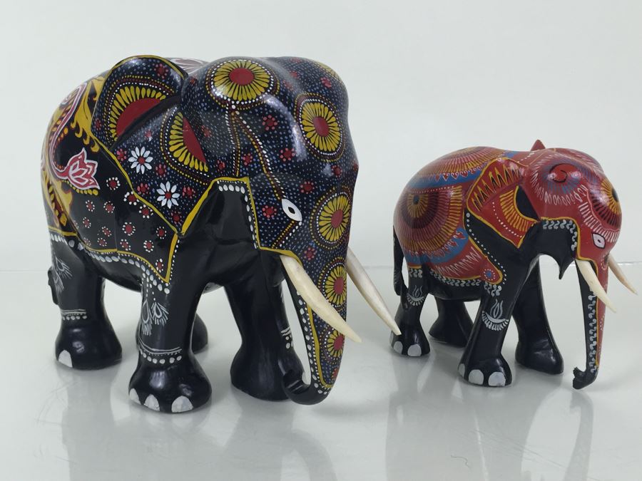 Pair Of HEAVY Carved And Painted Elephants [Photo 12]