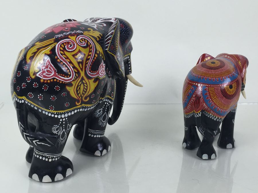 Pair Of HEAVY Carved And Painted Elephants [Photo 13]