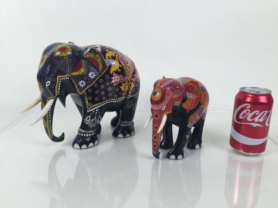 Pair Of HEAVY Carved And Painted Elephants