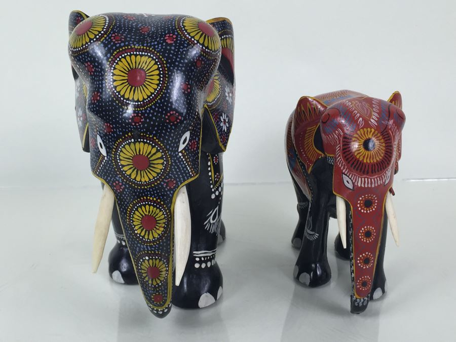 Pair Of HEAVY Carved And Painted Elephants [Photo 11]