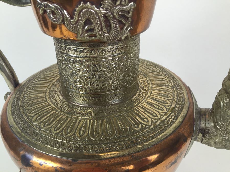 Impressive Large Electrified Copper Tea Pot Brass Asian With Relief Dragons Lamp [Photo 4]