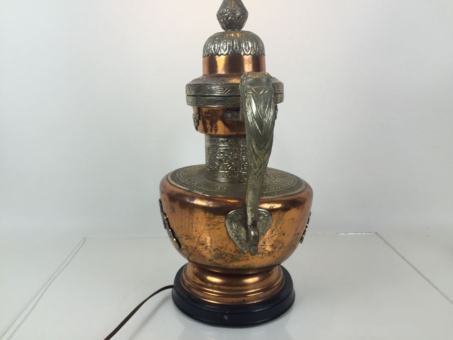 Impressive Large Electrified Copper Tea Pot Brass Asian With Relief Dragons Lamp [Photo 12]