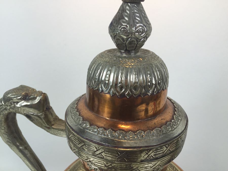 Impressive Large Electrified Copper Tea Pot Brass Asian With Relief Dragons Lamp [Photo 10]