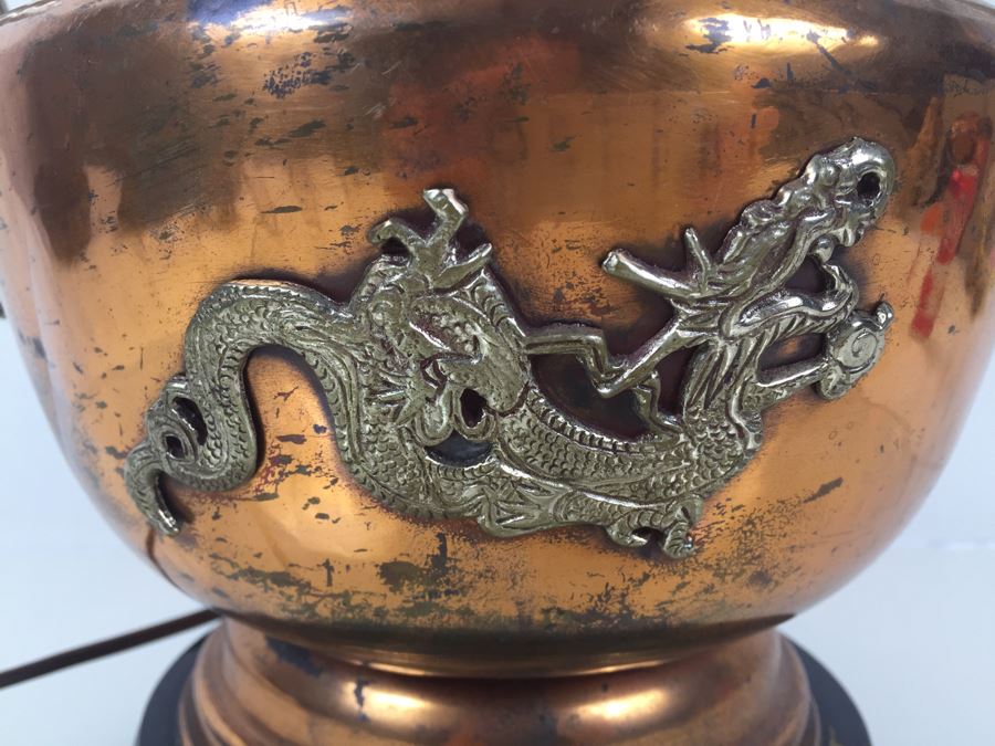 Impressive Large Electrified Copper Tea Pot Brass Asian With Relief Dragons Lamp [Photo 3]