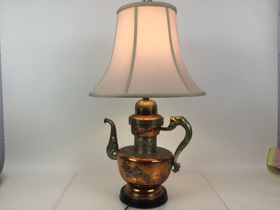 Impressive Large Electrified Copper Tea Pot Brass Asian With Relief Dragons Lamp [Photo 16]