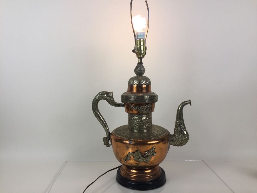 Impressive Large Electrified Copper Tea Pot Brass Asian With Relief Dragons Lamp [Photo 5]
