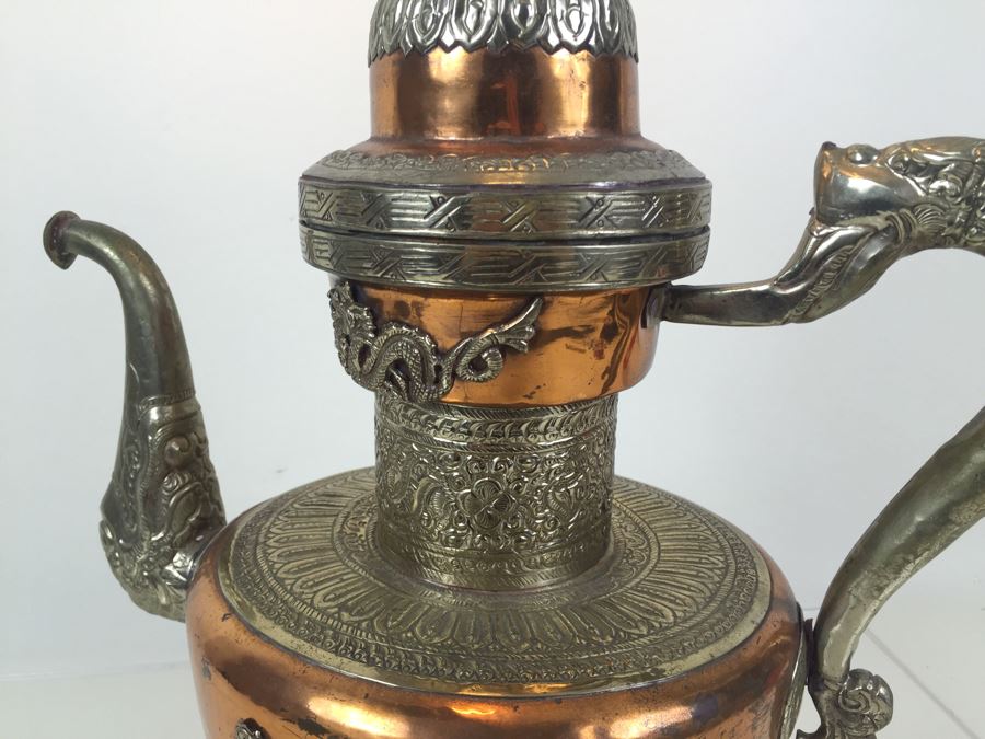 Impressive Large Electrified Copper Tea Pot Brass Asian With Relief Dragons Lamp [Photo 15]