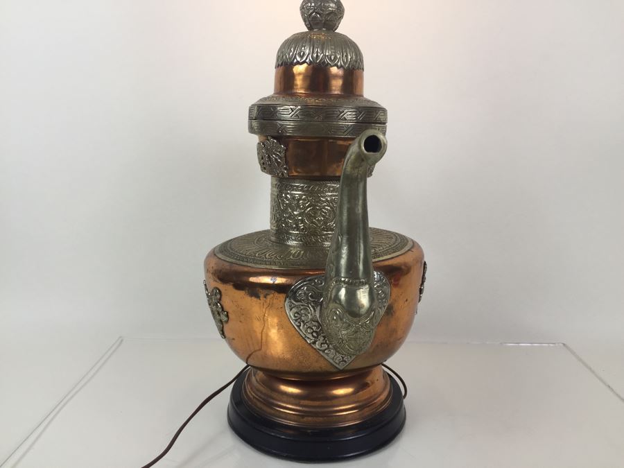 Impressive Large Electrified Copper Tea Pot Brass Asian With Relief Dragons Lamp [Photo 11]