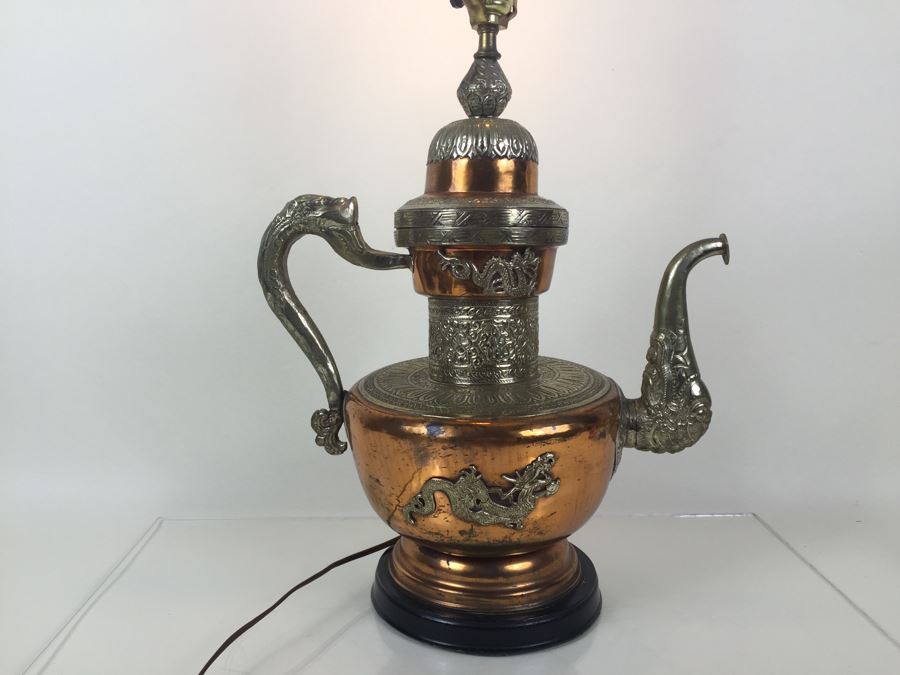 Impressive Large Electrified Copper Tea Pot Brass Asian With Relief Dragons Lamp [Photo 2]