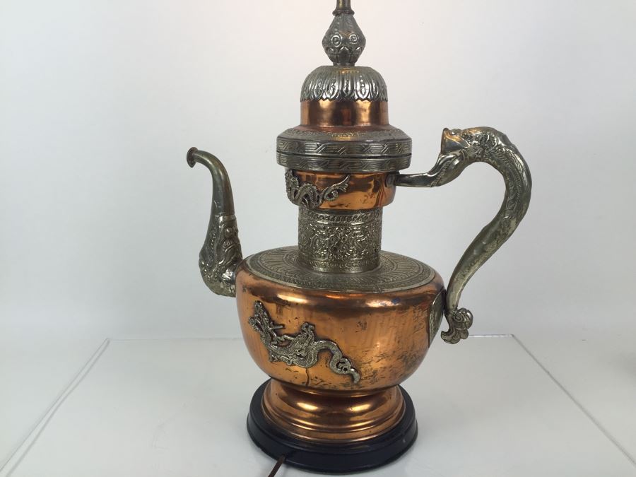 Impressive Large Electrified Copper Tea Pot Brass Asian With Relief Dragons Lamp [Photo 13]