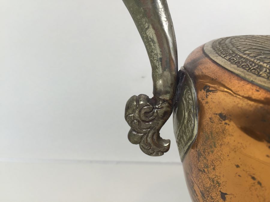 Impressive Large Electrified Copper Tea Pot Brass Asian With Relief Dragons Lamp [Photo 8]