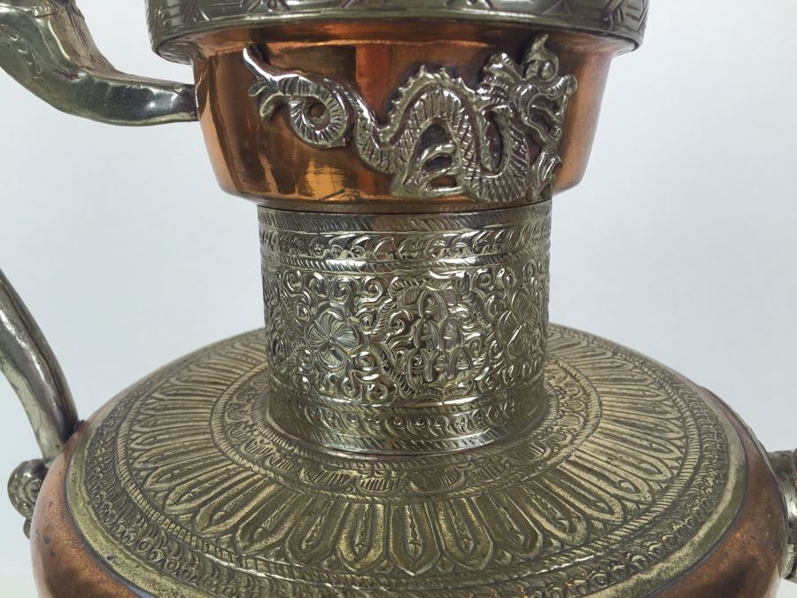 Impressive Large Electrified Copper Tea Pot Brass Asian With Relief Dragons Lamp [Photo 6]