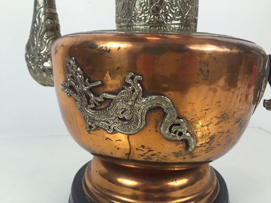 Impressive Large Electrified Copper Tea Pot Brass Asian With Relief Dragons Lamp [Photo 14]