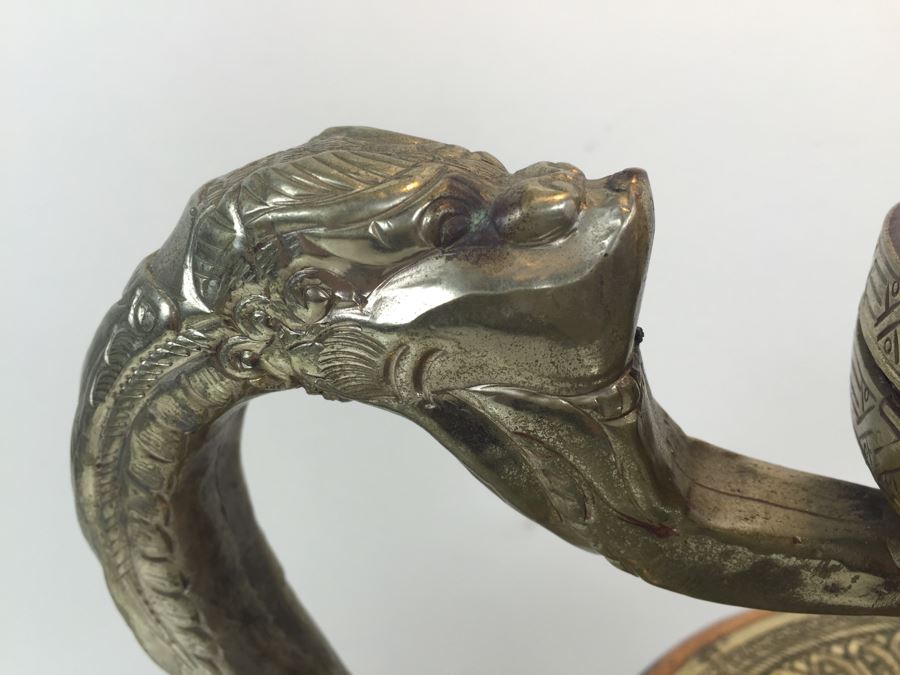 Impressive Large Electrified Copper Tea Pot Brass Asian With Relief Dragons Lamp [Photo 7]