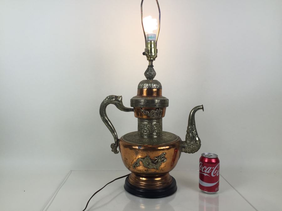 Impressive Large Electrified Copper Tea Pot Brass Asian With Relief Dragons Lamp [Photo 1]