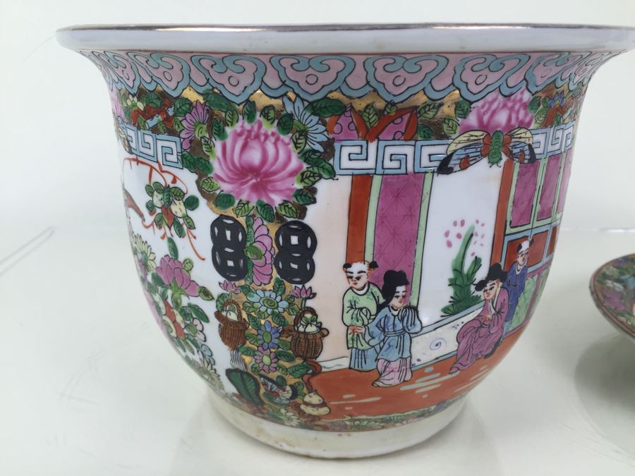 Stunning Chinese Flower Pot With Plate Planter Saucer Both Pieces Signed [Photo 8]