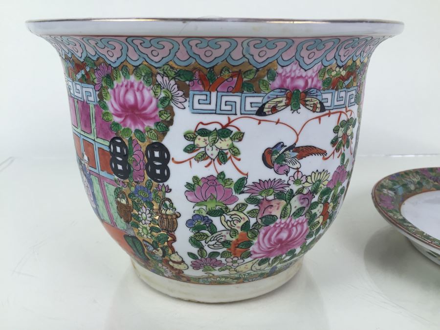 Stunning Chinese Flower Pot With Plate Planter Saucer Both Pieces Signed [Photo 6]