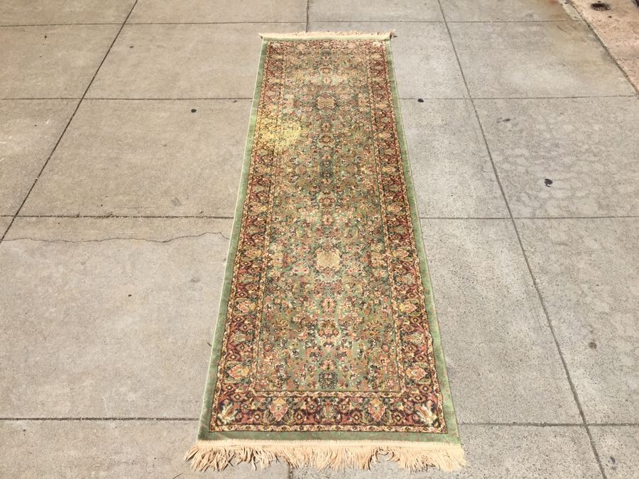 Machine Made Runner Rug With Light Greens And Tans