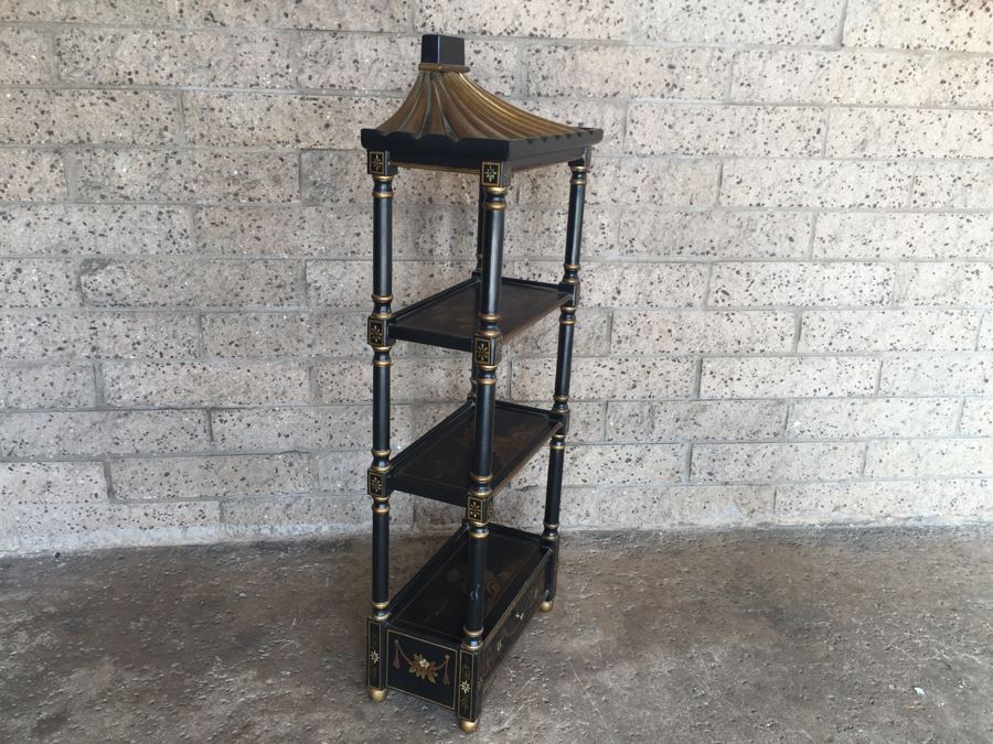 Black And Gold Asian Style Etagere With Drawer [Photo 3]