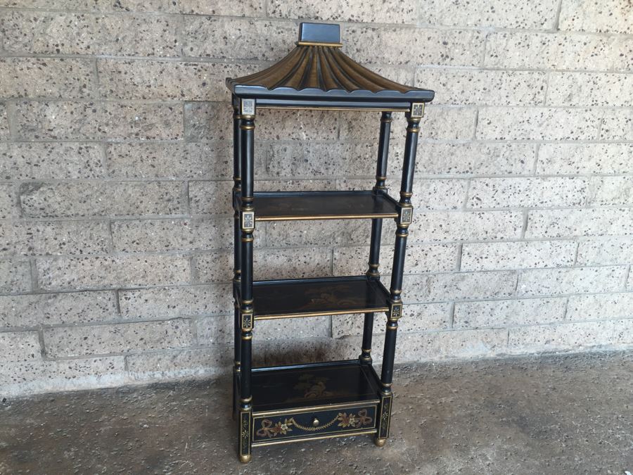 Black And Gold Asian Style Etagere With Drawer