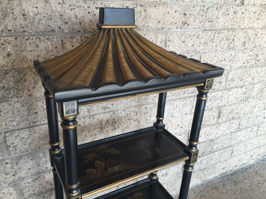 Black And Gold Asian Style Etagere With Drawer [Photo 4]