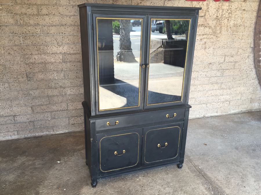 Small Black And Gold Mid-Century China Display Cabinet