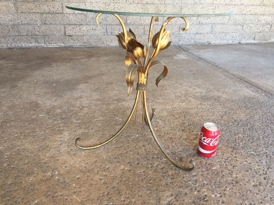 Italian Gilt Metal Table With Round Glass Top