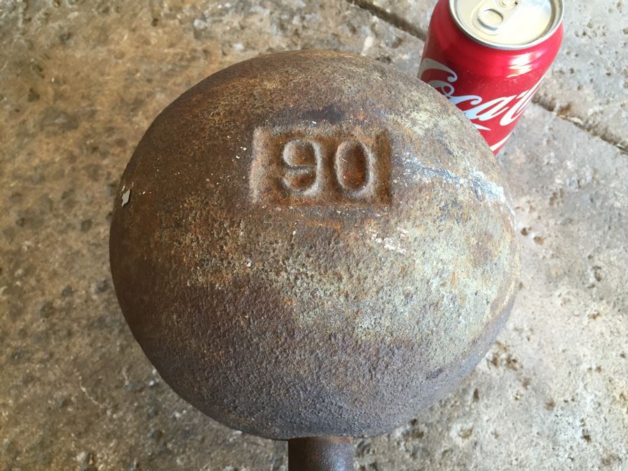 Antique Vintage Round YORK Cast Iron Dumbbell Very Heavy Marked 90 Will Weigh [Photo 3]