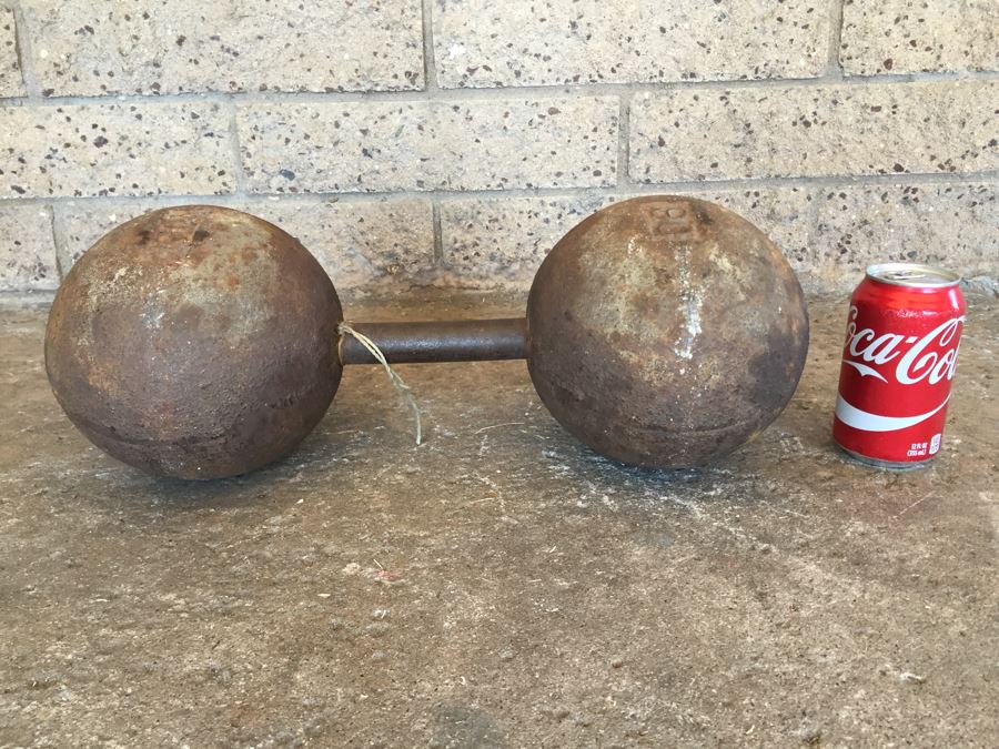 Antique Vintage Round YORK Cast Iron Dumbbell Very Heavy Marked 90 Will Weigh [Photo 7]