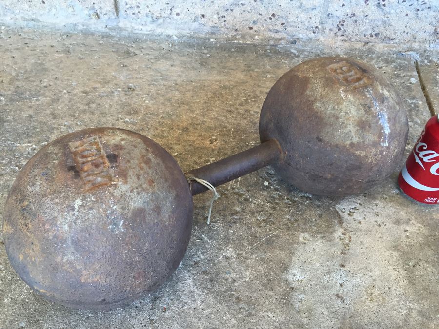 Antique Vintage Round YORK Cast Iron Dumbbell Very Heavy Marked 90 Will Weigh [Photo 4]