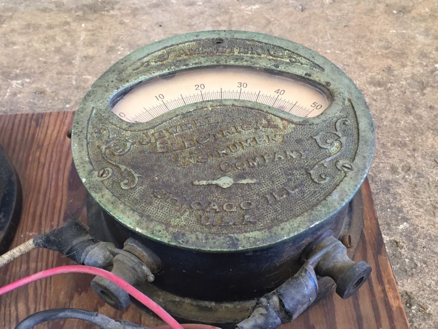Large Antique Jewell Electrical Instrument Company Industrial Metal Voltmeter And Ammeter Gauges Mounted On Board With Wires Chicago Ill USA [Photo 9]
