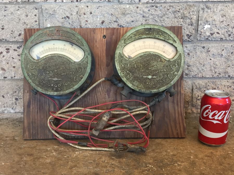 Large Antique Jewell Electrical Instrument Company Industrial Metal Voltmeter And Ammeter Gauges Mounted On Board With Wires Chicago Ill USA [Photo 1]
