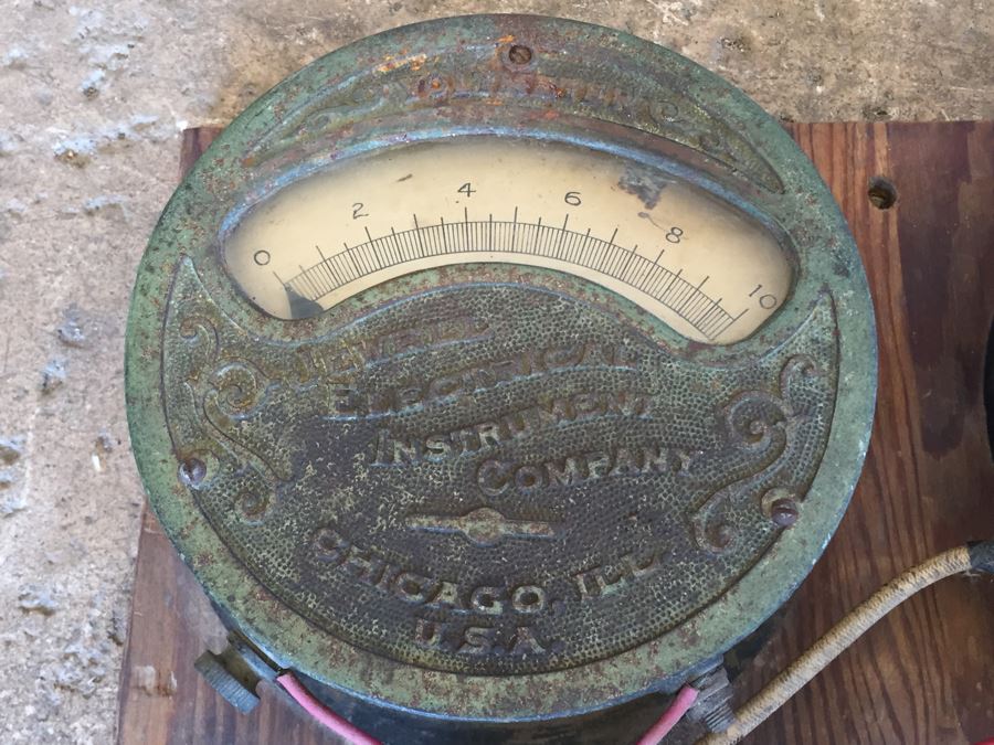 Large Antique Jewell Electrical Instrument Company Industrial Metal Voltmeter And Ammeter Gauges Mounted On Board With Wires Chicago Ill USA [Photo 2]