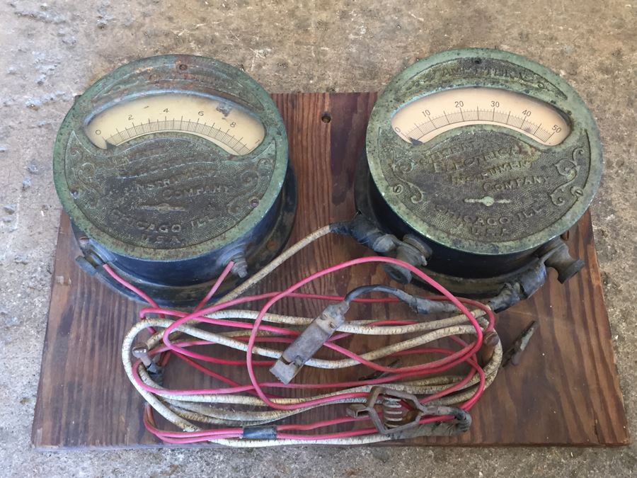 Large Antique Jewell Electrical Instrument Company Industrial Metal Voltmeter And Ammeter Gauges Mounted On Board With Wires Chicago Ill USA [Photo 4]